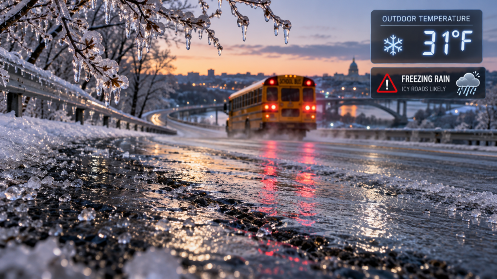 Infographic showing how can school be cancelled because of ice without snow featuring black ice road hazards and a yellow school bus