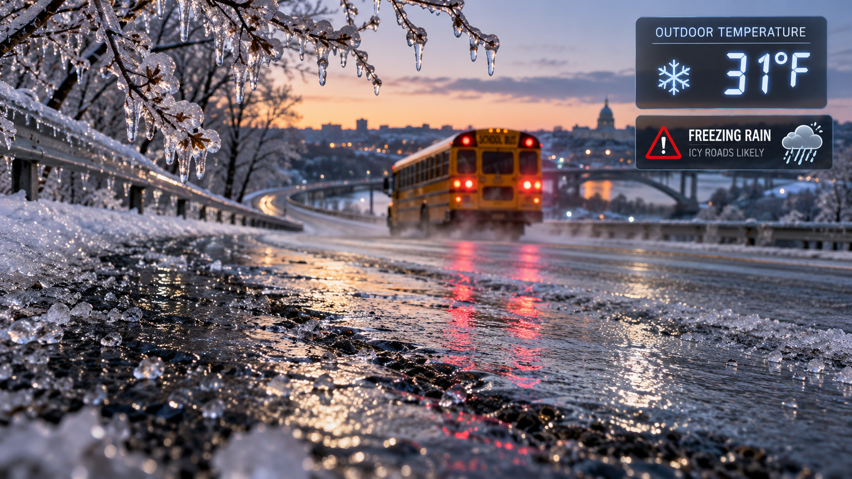 Infographic showing how can school be cancelled because of ice without snow featuring black ice road hazards and a yellow school bus