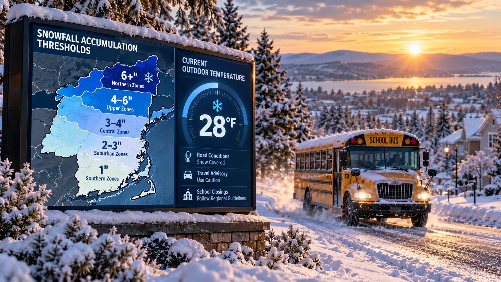 Infographic explaining how much snow to cancel school with regional threshold maps and a yellow school bus on a snowy road