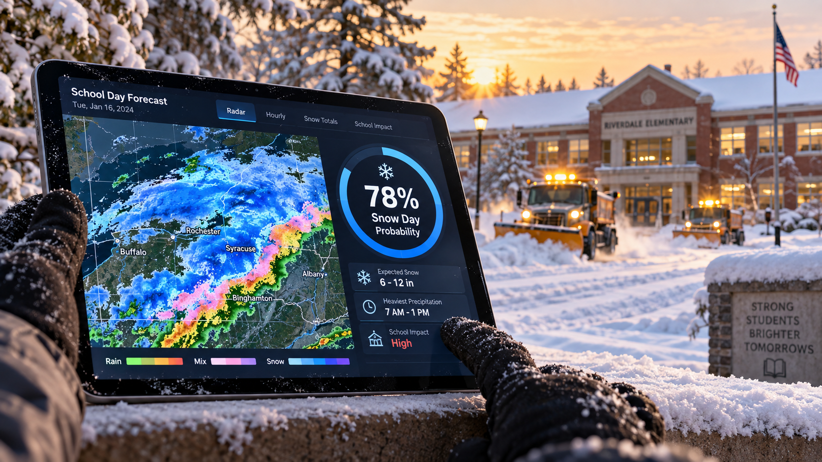 Infographic explaining how accurate is a snow day calculator with a digital probability score tablet outside a snowy school building